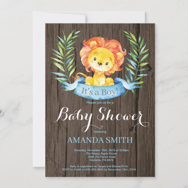 Invitación a Baby Shower de Rustic Boy Lion (Anverso)