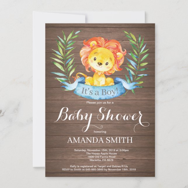 Invitación a Baby Shower de Rustic Boy Lion (Anverso)