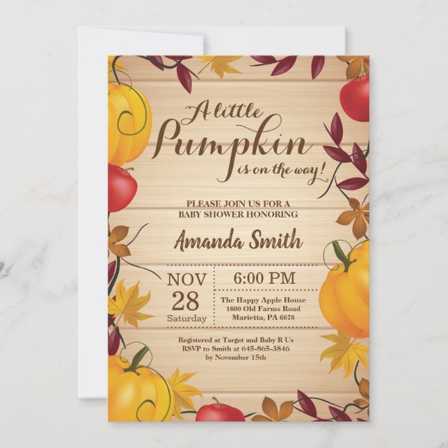 Invitación a Baby Shower de Rustic Fall Pumpkin (Anverso)