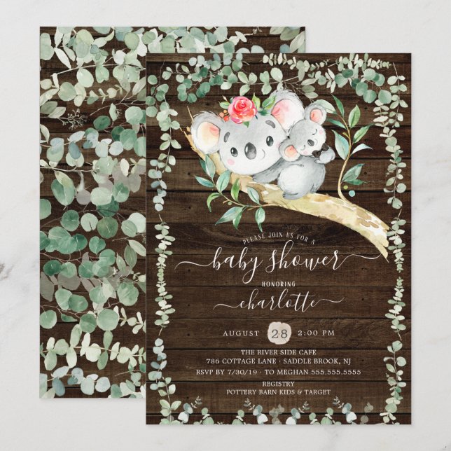 Invitación a Baby Shower de Rustic Koala Bear (Anverso / Reverso)