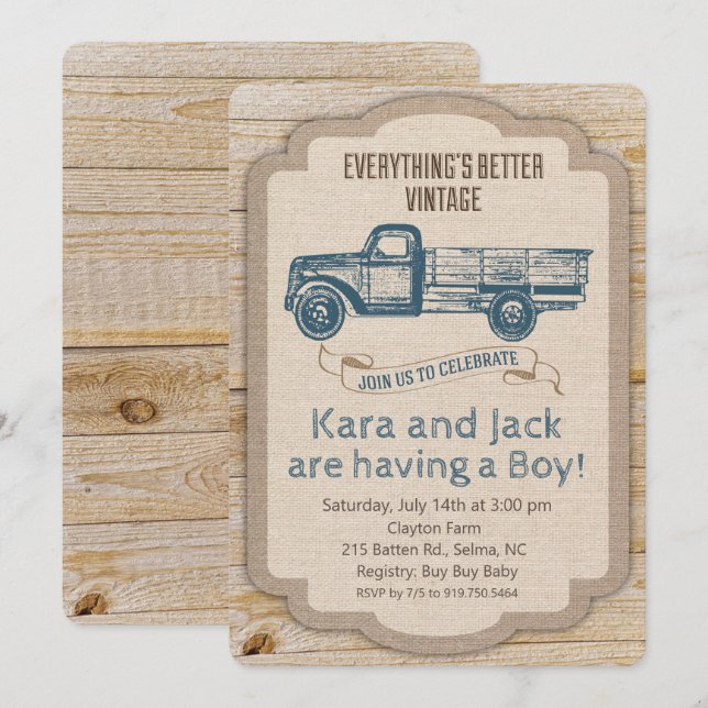 Invitación a Baby Shower de Rustic Truck Boy (Anverso / Reverso)