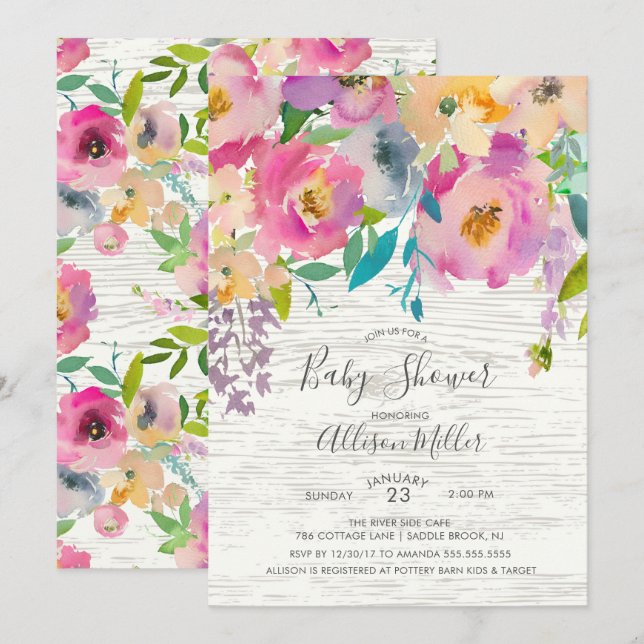 Invitación a Baby Shower de Rustic Wood Pastel Flo (Anverso / Reverso)