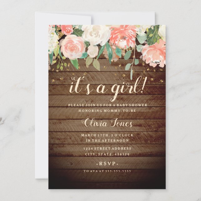 Invitación a Baby Shower de Rustic Wood Peach Gold (Anverso)