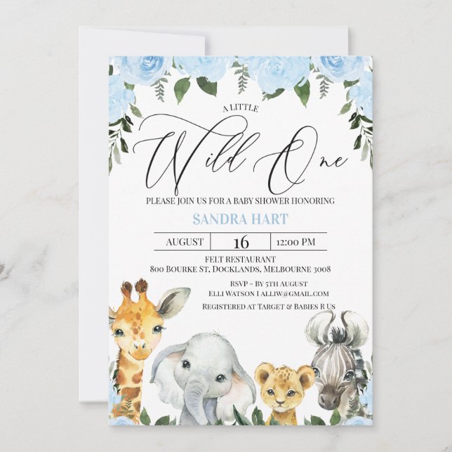 Invitación a Baby Shower de Safari de Floral Azul (Anverso)