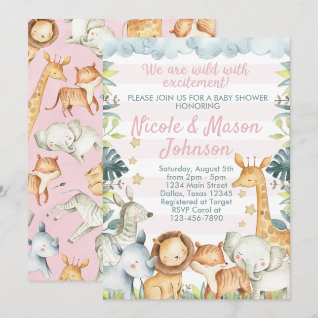 Invitación a Baby Shower de Safari de selva rosa (Anverso / Reverso)