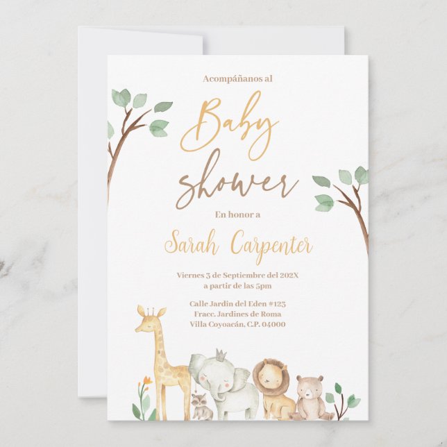 Invitación a Baby Shower de safari en español (Anverso)