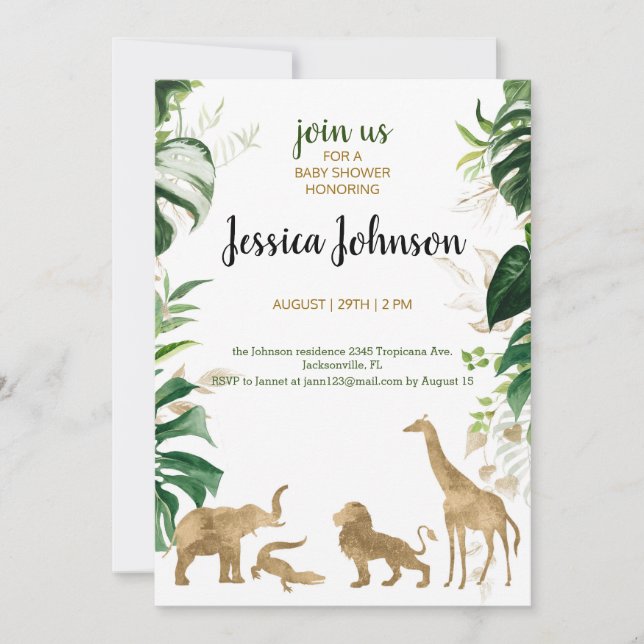 Invitación a Baby Shower de Safari Gold (Anverso)