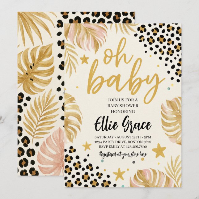Invitación a Baby Shower de Safari Gold Leopard Pr (Anverso / Reverso)