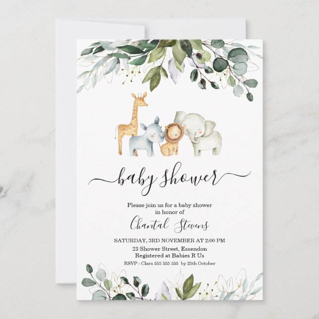 Invitación a Baby Shower de Safari Green Gold Foli (Anverso)