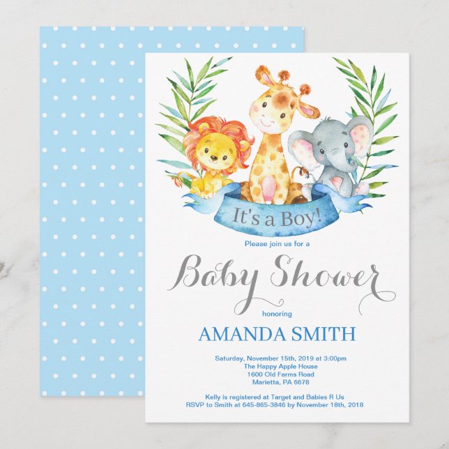Invitación a Baby Shower de Safari Jungle Animals  (Anverso / Reverso)