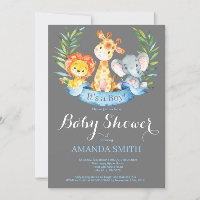 Invitación a Baby Shower de Safari Jungle Animals  (Anverso)