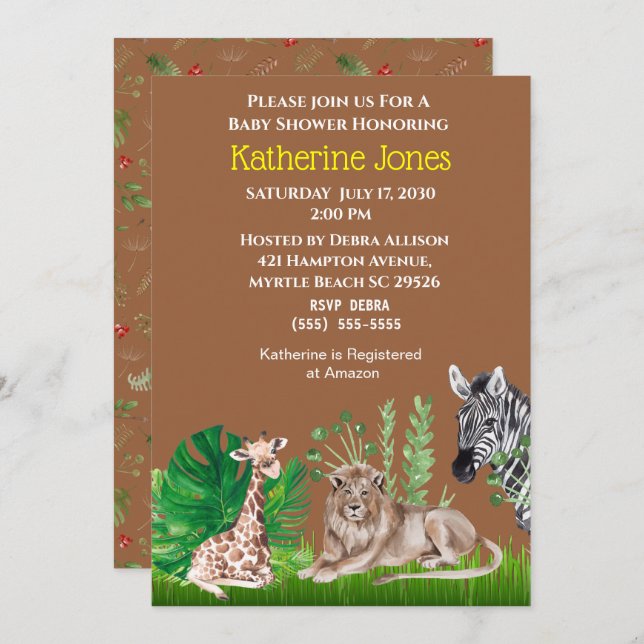 Invitación a Baby Shower de Safari Jungle Animals  (Anverso / Reverso)