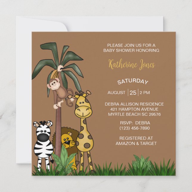 Invitación a Baby Shower de Safari Jungle Animals  (Anverso)