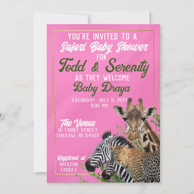 Invitación a Baby Shower de Safari Rosa (Anverso)
