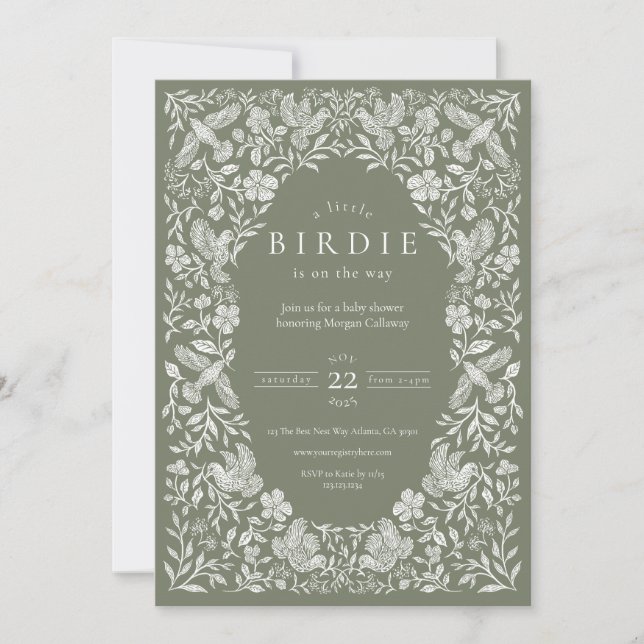 Invitación a Baby Shower de Sage Green Floral Bird (Anverso)