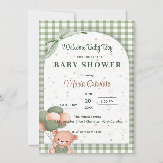 Invitación a Baby Shower de Sage Green Gingham (Anverso)