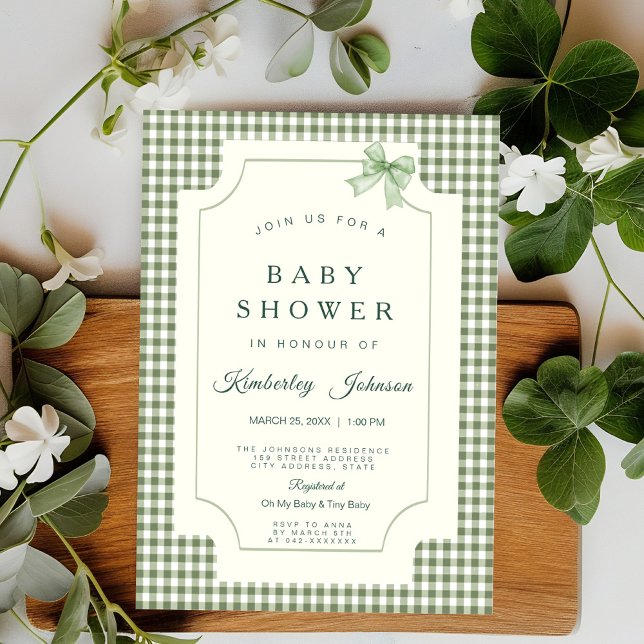 Invitación a Baby Shower de Sage Green Gingham con (Subido por el creador)