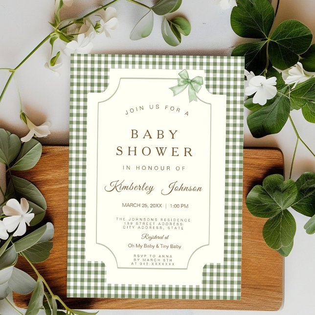 Invitación a Baby Shower de Sage Green Gingham con (Subido por el creador)