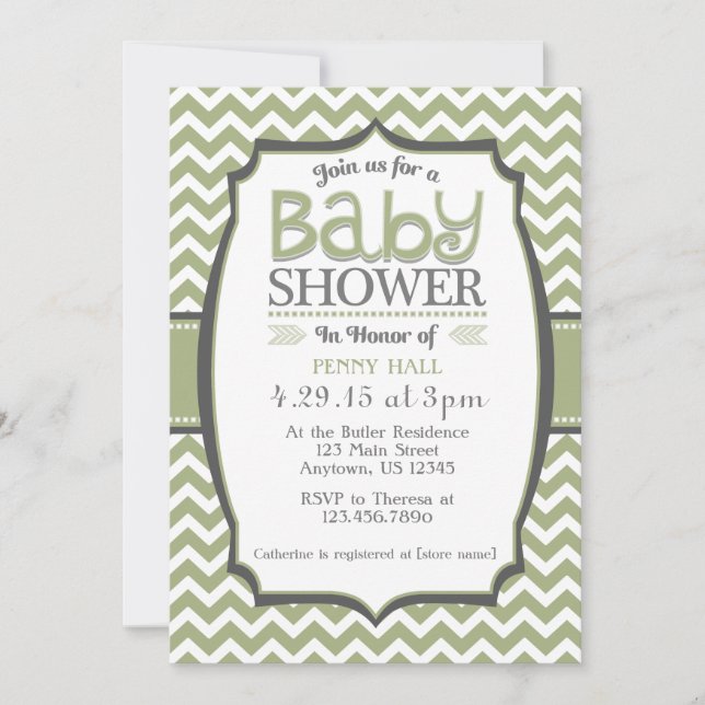 Invitación a Baby Shower de Sage Green Grey Chevro (Anverso)