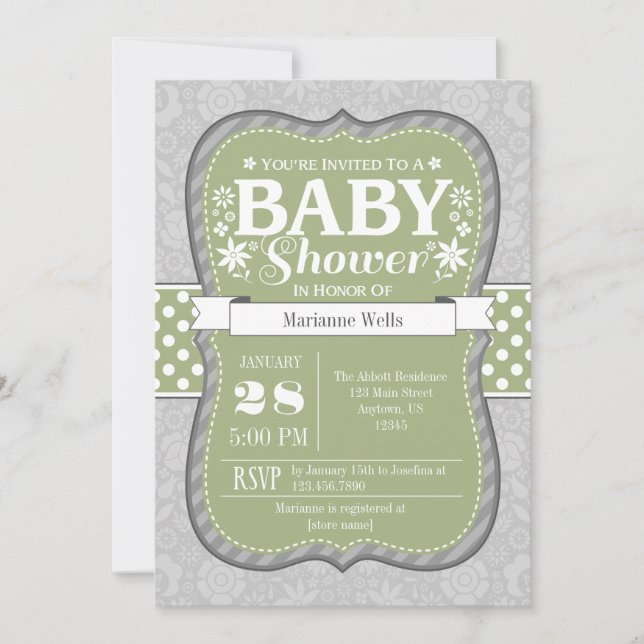 Invitación a Baby Shower de Sage Olive Green Gray  (Anverso)