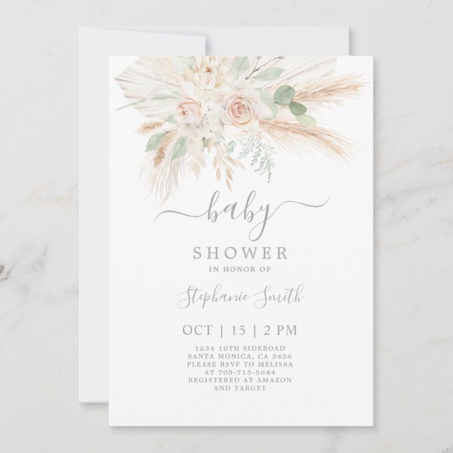 Invitación a Baby Shower de Sage pampas Floral (Anverso)