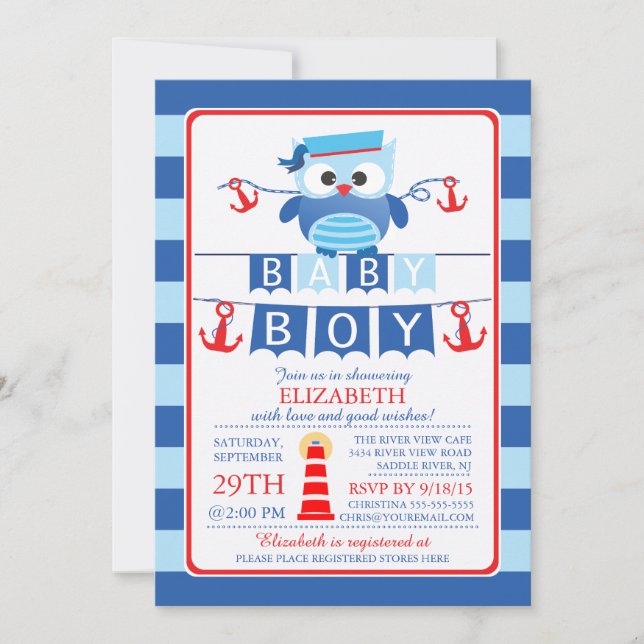Invitación a Baby Shower de Sailor Owl Nautical Bo (Anverso)