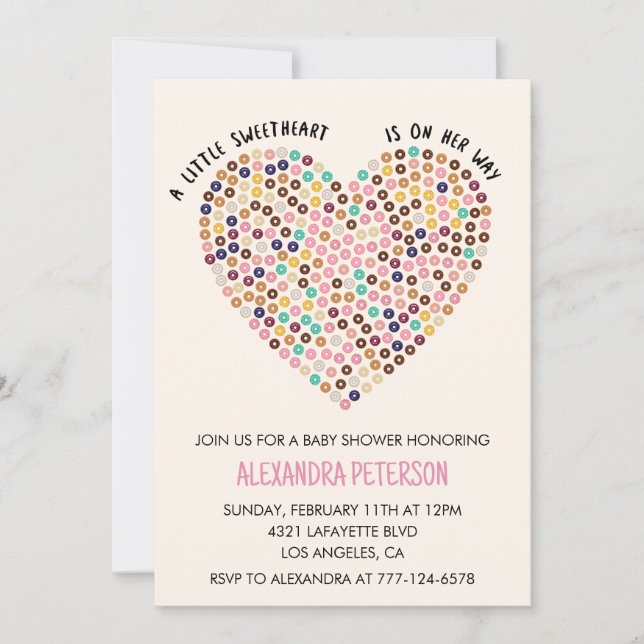 Invitación a baby shower de San Valentín donut cor (Anverso)