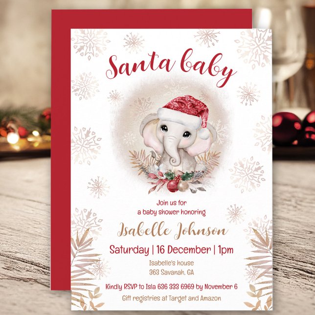 Invitación a Baby Shower de Santa Baby Elephant Ch (Santa Baby Elephant Girl Baby Shower Invitation)