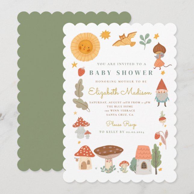 Invitación a Baby Shower de setas forestales de Wo (Anverso / Reverso)