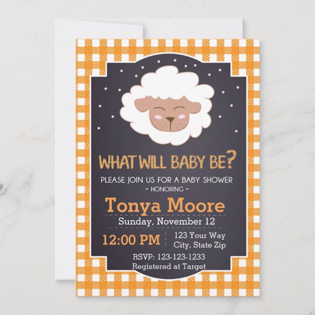 Invitación a Baby Shower de sexo revelar ovejas (Anverso)