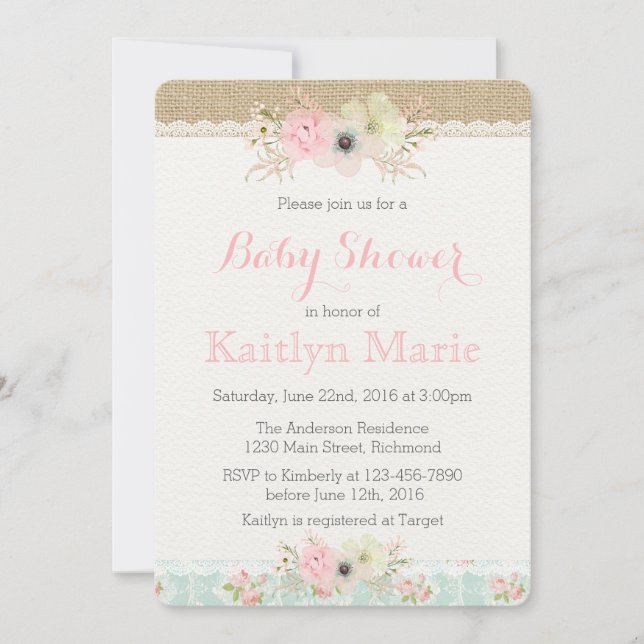 Invitación a Baby Shower de Shabby Chic (Anverso)