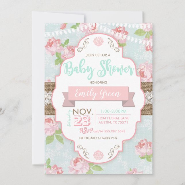 Invitación a Baby Shower de Shabby Chic Floral Bur (Anverso)