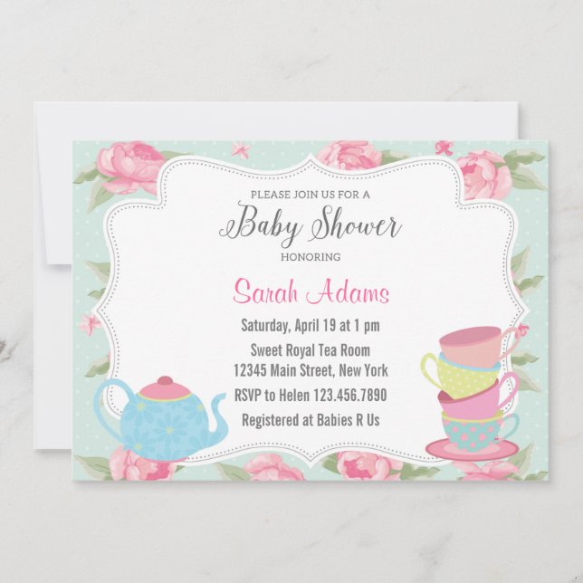 Invitación a Baby Shower de Shabby Chic Tea Fiesta (Anverso)