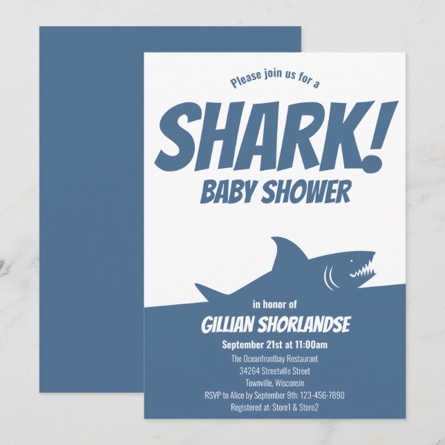 Invitación a Baby Shower de Shark Blue (Anverso / Reverso)