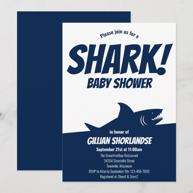 Invitación a Baby Shower de Shark Dark Blue (Anverso / Reverso)