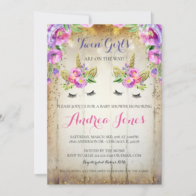 Invitación a Baby Shower de Silver Purpurina Flora (Anverso)