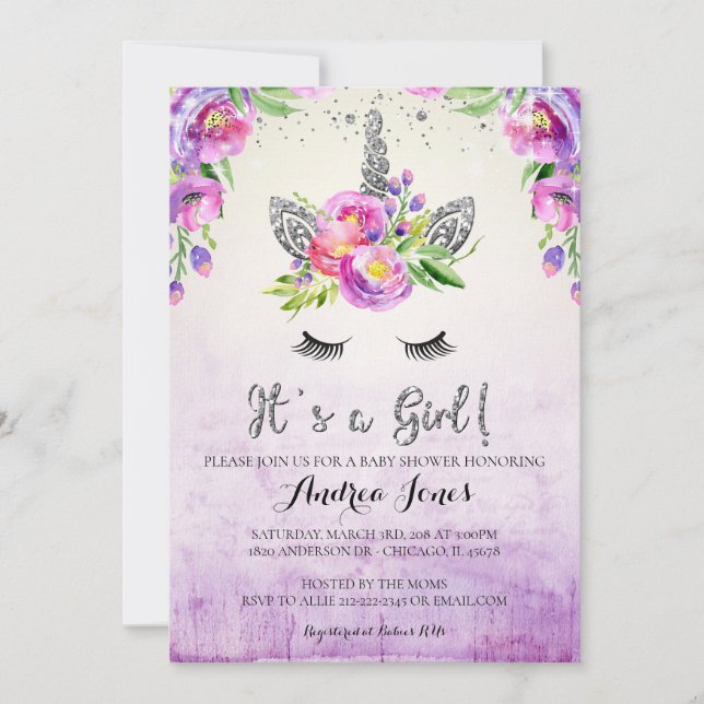 Invitación a Baby Shower de Silver Purpurina Flora (Anverso)