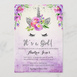 Invitación a Baby Shower de Silver Purpurina Flora