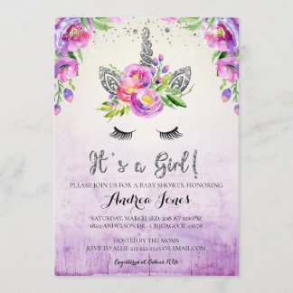 Invitación a Baby Shower de Silver Purpurina Flora