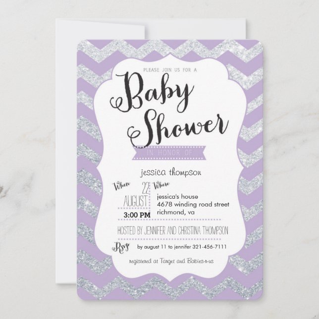 Invitación a Baby Shower de Silver Purpurina y Pur (Anverso)