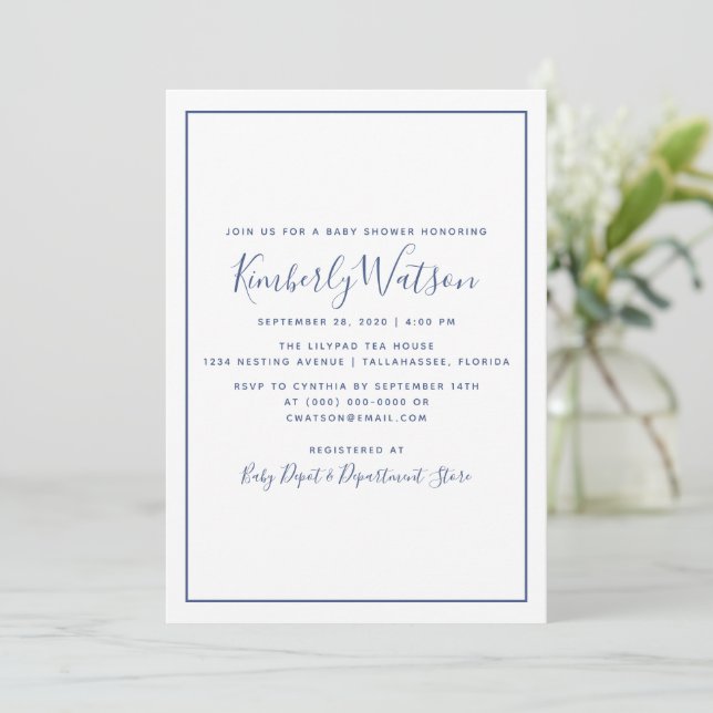 Invitación a Baby Shower de simplicidad | Azul (Anverso de pie)