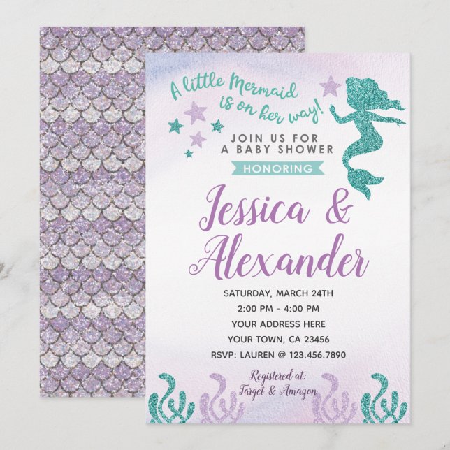 Invitación a Baby Shower de Sirena (Anverso / Reverso)
