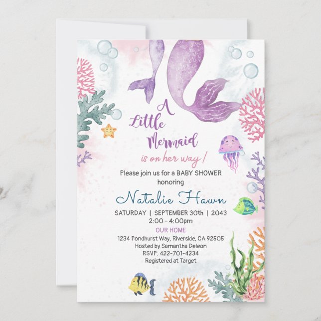 Invitación a Baby Shower de Sirena (Anverso)