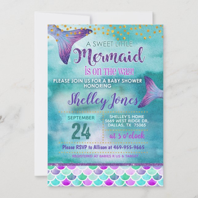 Invitación a Baby Shower de Sirena (Anverso)