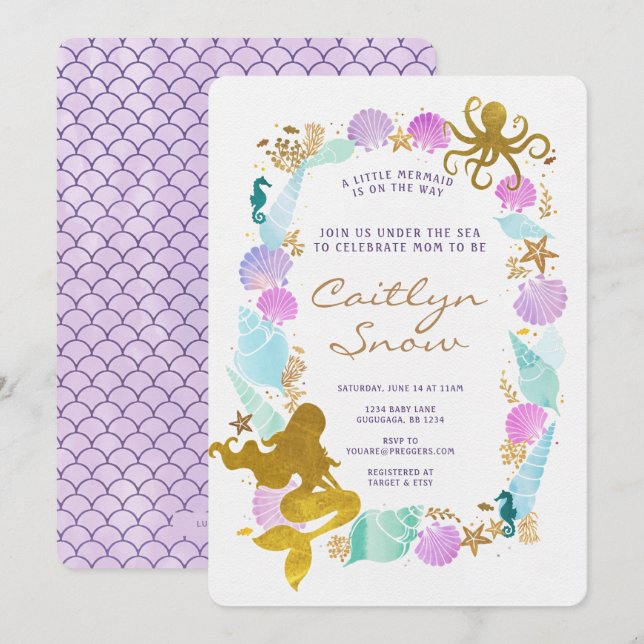 Invitación a Baby Shower de Sirena (Anverso / Reverso)