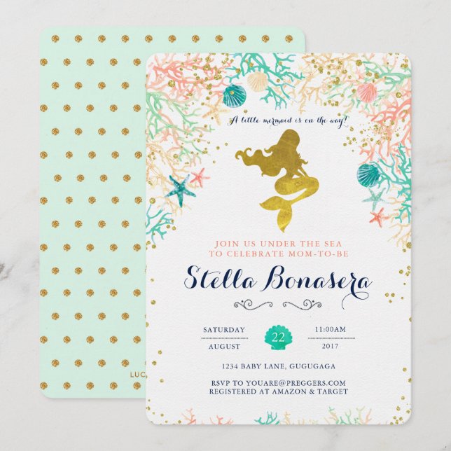 Invitación a Baby Shower de Sirena (Anverso / Reverso)