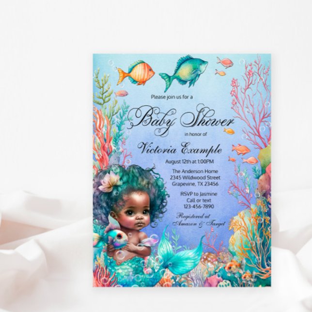 Invitación a Baby Shower de sirena africana (Cute mermaid postcard baby shower invitation. )