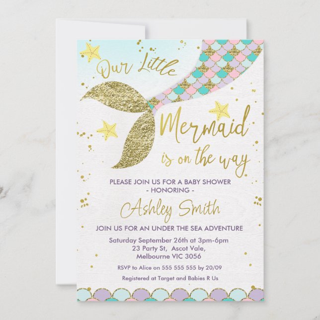 Invitación a Baby Shower de Sirena bajo el mar (Anverso)