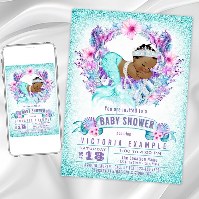 Invitación a Baby Shower de Sirena de Bebé Étnico (Adorable mermaid baby shower invitation. Instant download and printed invitations available.)