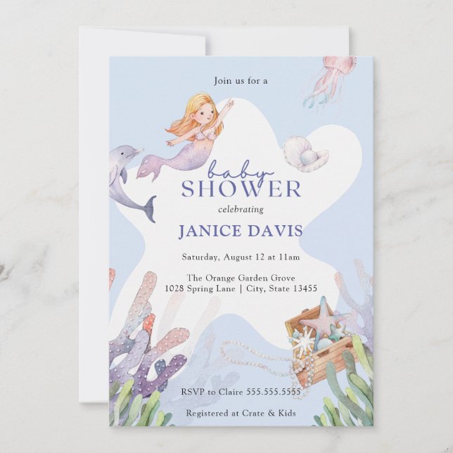 Invitación a Baby Shower de sirena ilustrada (Anverso)